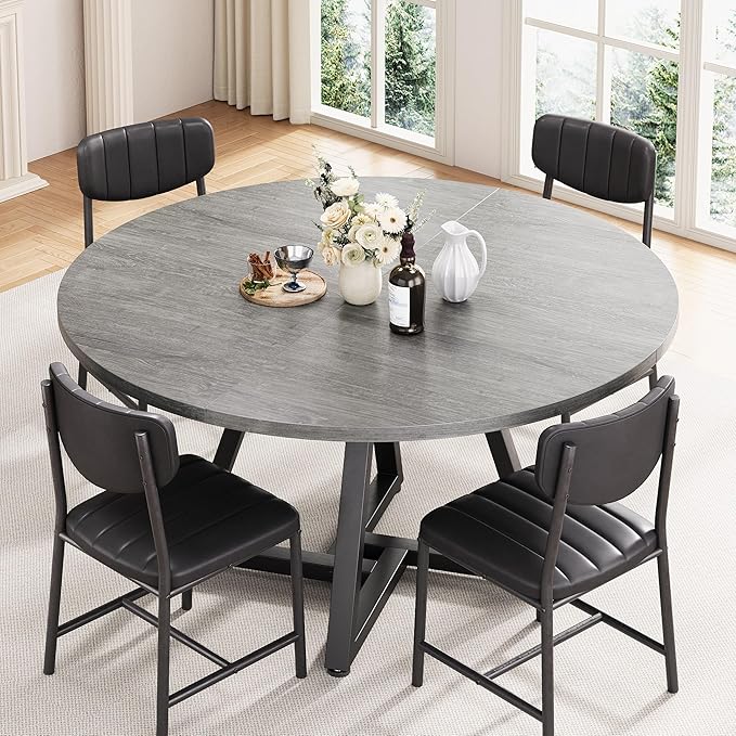 Jocoevol Round Kitchen Dining Room Table Circle Dining Dinner Table with Pedestal Metal Frame, Space Saving Wood Industrial Furniture for Small Space (Grey, 47IN)