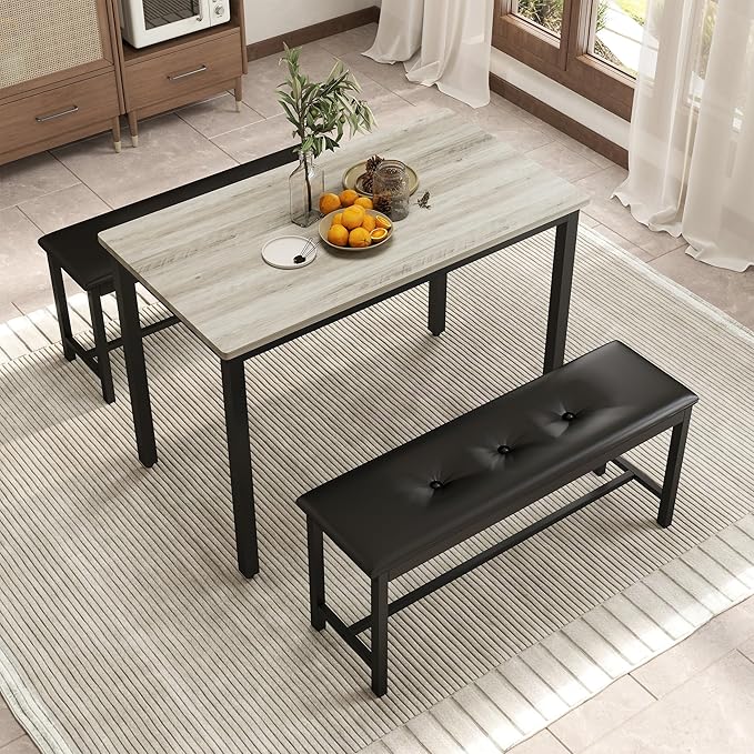 Dining Table Set for 4, Wood Kitchen Table & Chair with 2 Upholstered Benches for Breakfast Nook and Small Space, Grey