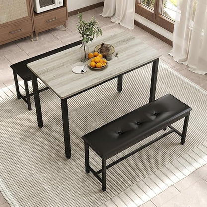 Dining Table Set for 4, Wood Kitchen Table & Chair with 2 Upholstered Benches for Breakfast Nook and Small Space, Grey