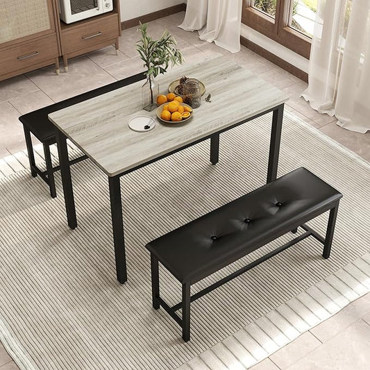 Dining Table Set for 4, Wood Kitchen Table & Chair with 2 Upholstered Benches for Breakfast Nook and Small Space, Grey