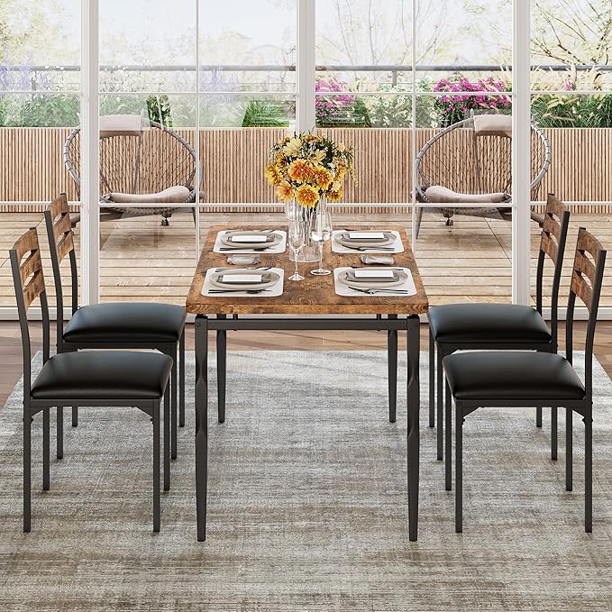 GarveeHome 5 Piece Dining Table Set, Industrial Style Dining Table and Chairs Set for 4, Kitchen Table Set for Dining Room Kitchen Apartment, Brown