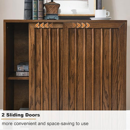 Amposei Mid Century Modern Sideboard Cabinet | Slim Fluted Credenza with Sliding Doors | Narrow Storage Buffet Console Table for Small Spaces, Living Room, Entryway, Kitchen (Walnut, 32")