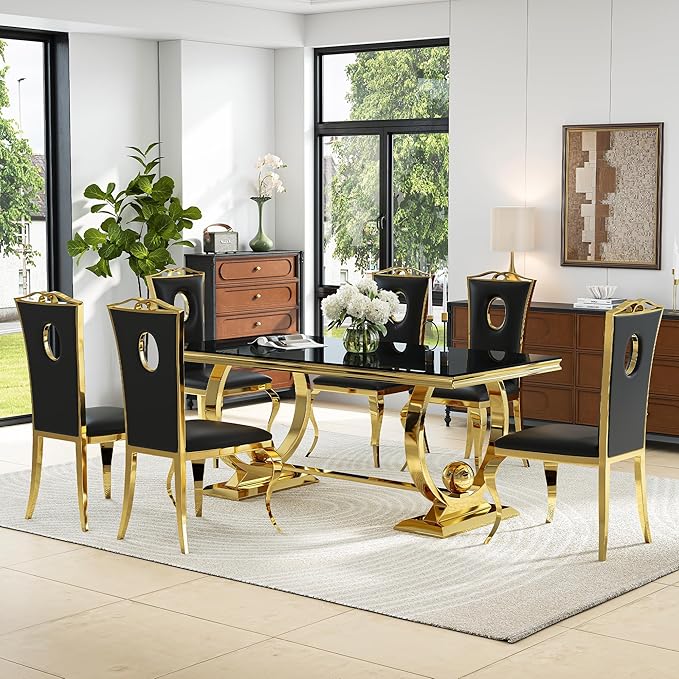 7-Piece Modern Luxury Dining Table Set, 70" Black Tempered Glass Kitchen Table with Gold Polished Stainless Steel U-Shaped Pedestal Base and 6 Black Hollow-Out Design Chairs for Dining Room, Office
