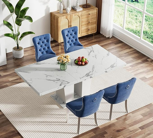Goujxcy 5-Piece Extendable Dining Table Set for 4-8 People 63-78 Inch Kitchen Table Set with 4 Blue Upholstered Chairs Modern White Faux Marble Rectangular Dining Room Table Set for Kitchen Apartment