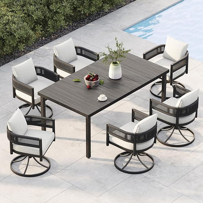 Grand patio 7 PCS Outdoor Dining Set, Patio Table and Chairs Set for 6, Metal Woven Wicker Swivel Patio Chairs with Thickened Cushions & 1 Rectangular Woodgrain Dining Table with Umbrella Hole (Black)