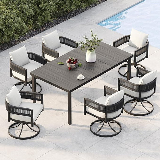 Grand patio 7 PCS Outdoor Dining Set, Patio Table and Chairs Set for 6, Metal Woven Wicker Swivel Patio Chairs with Thickened Cushions & 1 Rectangular Woodgrain Dining Table with Umbrella Hole (Black)