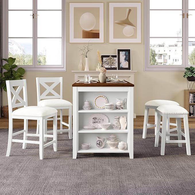 VilroCaz Farmhouse 5-Piece Dining Set, Compact Bar Pub Table With 3-Tier Shelf, Wooden Counter Height Table for 4, Perfect for Small Kitchen Dining Room (White-Chair+Stool)