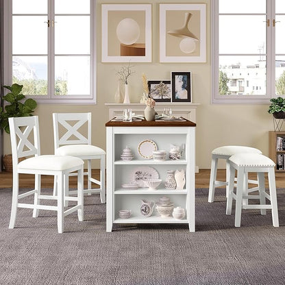 VilroCaz Farmhouse 5-Piece Dining Set, Compact Bar Pub Table With 3-Tier Shelf, Wooden Counter Height Table for 4, Perfect for Small Kitchen Dining Room (White-Chair+Stool)