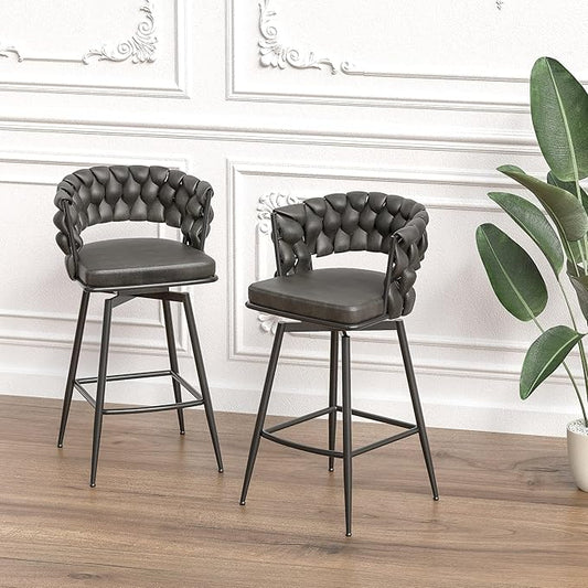 28" Technical Leather Woven Bar Stool Set of 2,Black Legs Barstools No Adjustable Kitchen Island Chairs,360 Swivel Bar Stools