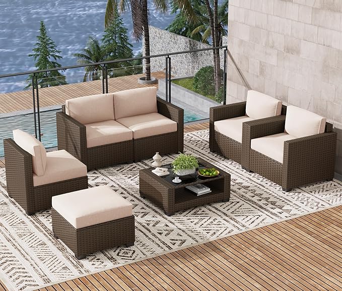 LOUVIXA 7 Piece Outdoor Patio Furniture Set, Rattan Chairs Glass Table Wicker Conversation Seating Sectional Sofa with Cushions (Brown-Beige, 7Pcs-2 Layer Coffee Table)