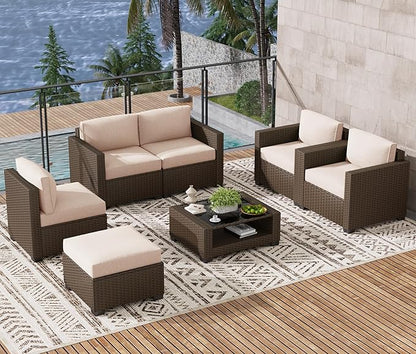 LOUVIXA 7 Piece Outdoor Patio Furniture Set, Rattan Chairs Glass Table Wicker Conversation Seating Sectional Sofa with Cushions (Brown-Beige, 7Pcs-2 Layer Coffee Table)
