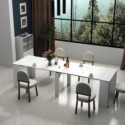 118.11" to 20.08" White Marble Extendable Dining Table for 10-12, 2 in 1 Expandable Dining Room Table MDF Modern Multifunctional Console Table for Living Room, Kitchen Small Space