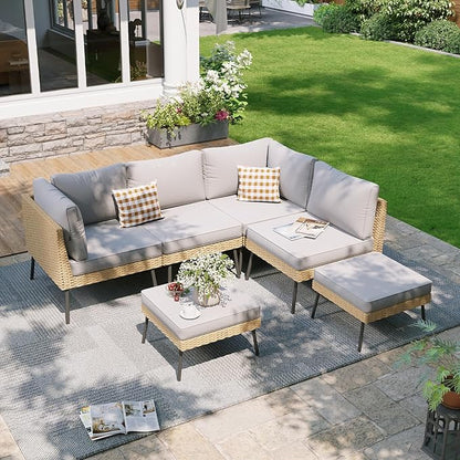 Aoxun 6-Piece Patio Furniture Set, Wicker Outdoor Furniture with Water Resistant Thick Cushions, Patio Conversation Set Outdoor Sectional Sofa with Coffee Table for Backyard Poolside, Light Grey