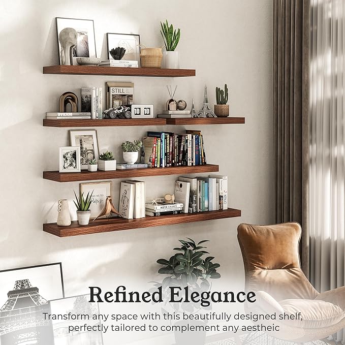 Floating Shelves for Wall, 9.3" Deep Wall Mounted Wood Shelves for Bathroom, Bedroom, Living Room, Kitchen, Hanging Shelf for Books/Storage/Room Decor (Walnut, 48")
