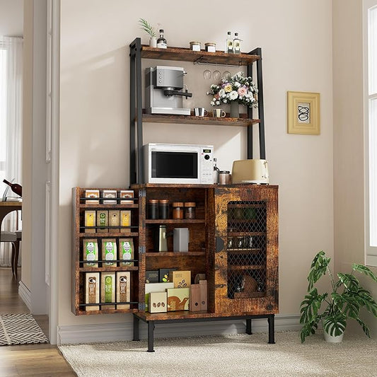 58” Pantry Cabinets with Microwave Shelves, Small Kitchen Pantry Storage Cabinet with Adjustable Shelves, Freestanding Buffet Cupboards Sideboard for Kitchen, Dining Room, Living Room Use (Retro)