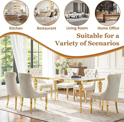 7 Piece Glass Dining Table Set, Modern 70 Inch Gold Rectangular Glass Kitchen Table, 6 Beige Exquisite Velvet Cushion Chairs for Living Room, Restaurant (White-Top)