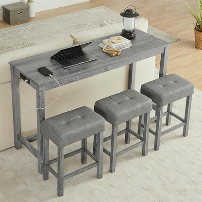 4-Piece Kitchen Island Counter-Table Set with Charging Station, Industrial 59" Dining Tables with 3 Stools, 59 Inch Farmhouse Bar Table Chairs w/USB & Type-C & Power Outlets, Grey