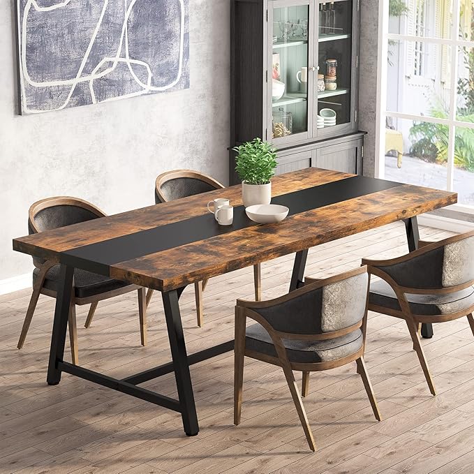LITTLE TREE 70.87 Inches Dining Table for 8 People, Wooden Kitchen Table with Strong Metal Frame for Big Family, Rectangular Large Long Dining Room Table for Gathering, Rustic Brown