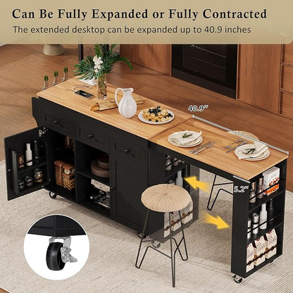 JIJIWANG 85.5" Kitchen Island with Extendable Dining Table for 4-6, Kitchen Storage Table with Cabinets and 3 Side Open Shelves, Rolling Island with Power Outlet, 3 Drawers and 2 Doors Black