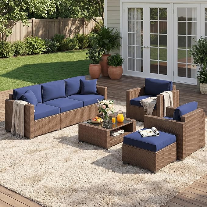 Patio Furniture Set 7 Pieces Conversation Set Wicker Outdoor Sectional Sofa,Ergonomic Armrests Couch with Cushion and Glass Table (Brown-Navy, 7 Piece-Double)