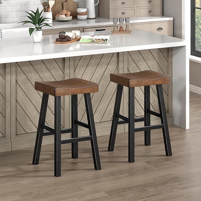 Lexicon Bar Height Bar Stools Set of 2 - Solid Wood Pub Chairs with Footrest, Armless Kitchen Chairs for Island, Living Room, Breakfast Nook, Sturdy, Transitional 30.5" High - Black/Brown