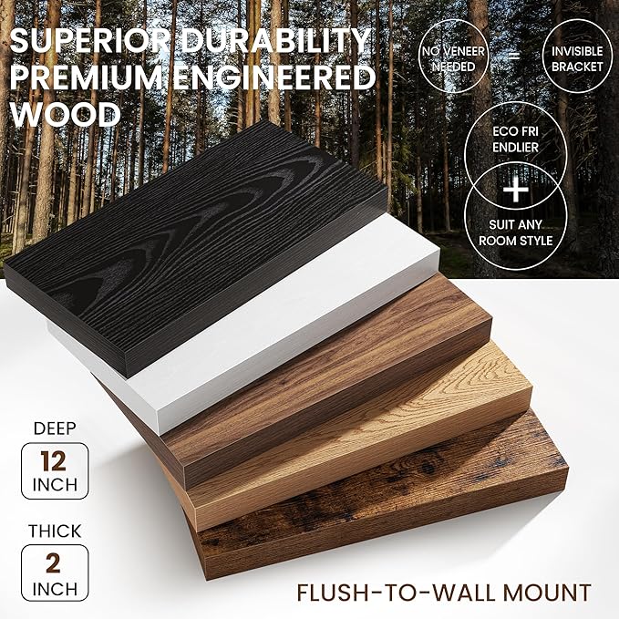 30Inch Floating Shelves for Wall, 12 Inch Deep Shelves for Bedroom, Kitchen, Bathroom Wall Mounted, Rustic Wood Floating Shelf with Invisible Brackets for Books, Storage, Decor, Rustic Brown, 2 Packs
