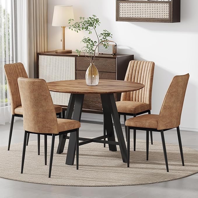 Round Dining Table Set for 4, Round Dining Room Table Set for 4 with Chrome Leg and 4 Chair Dining Table Set, Small Kitchen Island with Seating for Small Spaces(BR)