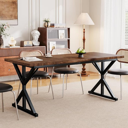 Farmhouse Dining Table for 6 People, 70.8 Inch Rectangular Wood Dining Table, Rustic Kitchen Table with Extra Heavy Duty Metal Legs for Dining Room-Walnut