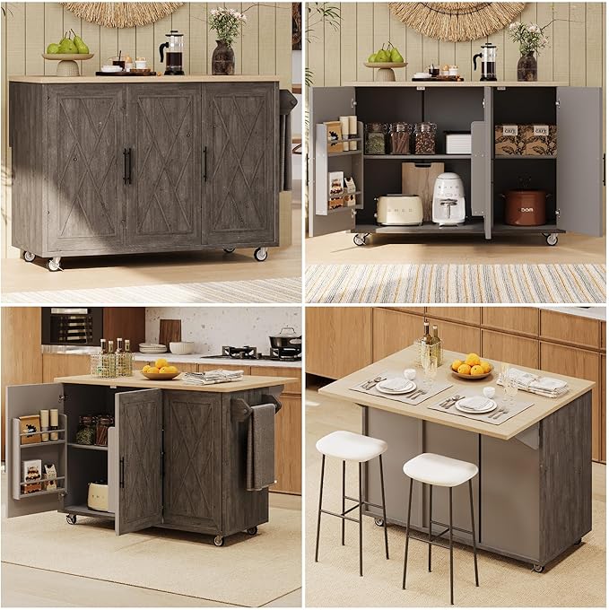 51.2"W Geometric Twill Stripe Textured Design Island with Drop Leaf, Farmhouse Kitchen Cart on Wheels with Internal Storage Rack, Rolling Kitchen Cart with Towel Rack (Brown@044)