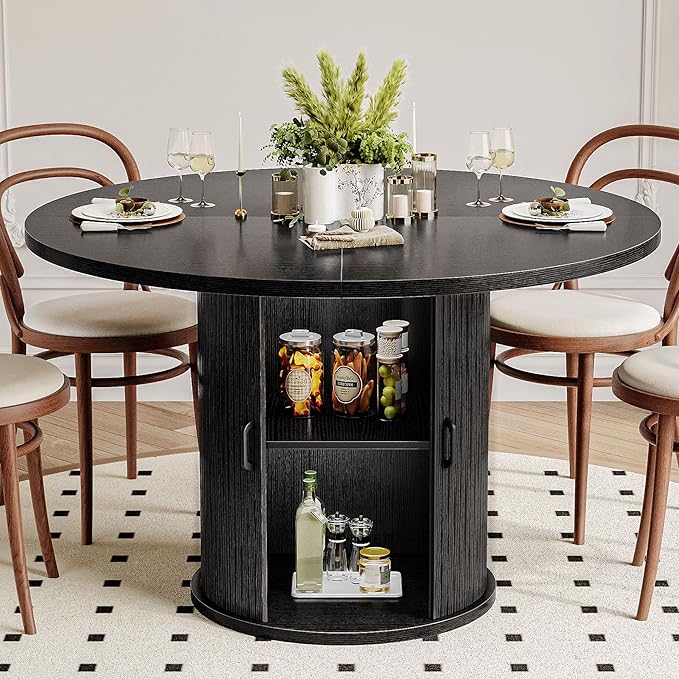 47 Inch Round Dining Table for 4-6 Round Table Kitchen Modern Round Dining Room Table with 2-Layer Storage Shelf and Wood Slide Door Circle Kitchen Tables for Dining Room Black