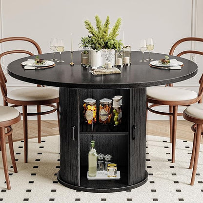 47 Inch Round Dining Table for 4-6 Round Table Kitchen Modern Round Dining Room Table with 2-Layer Storage Shelf and Wood Slide Door Circle Kitchen Tables for Dining Room Black