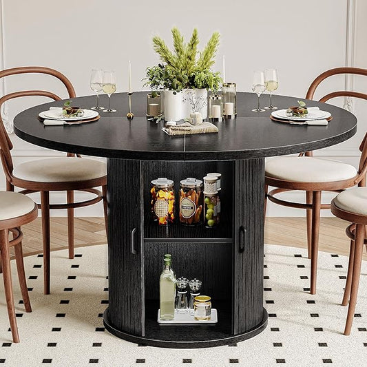 47 Inch Round Dining Table for 4-6 Round Table Kitchen Modern Round Dining Room Table with 2-Layer Storage Shelf and Wood Slide Door Circle Kitchen Tables for Dining Room Black