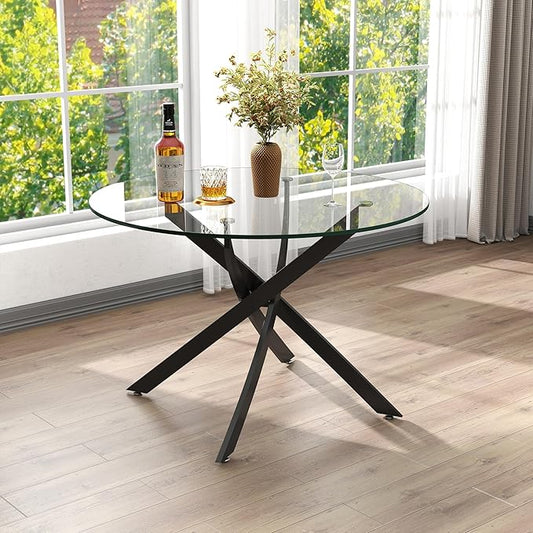 36'' Round Glass Dining Table for 4, Modern Circle Dining Table with Clear Tempered Glass Top & Heavy Duty Black Chrome Metal Legs, Luxury Dinner Table for Dining Room, Kitchen, Living Room
