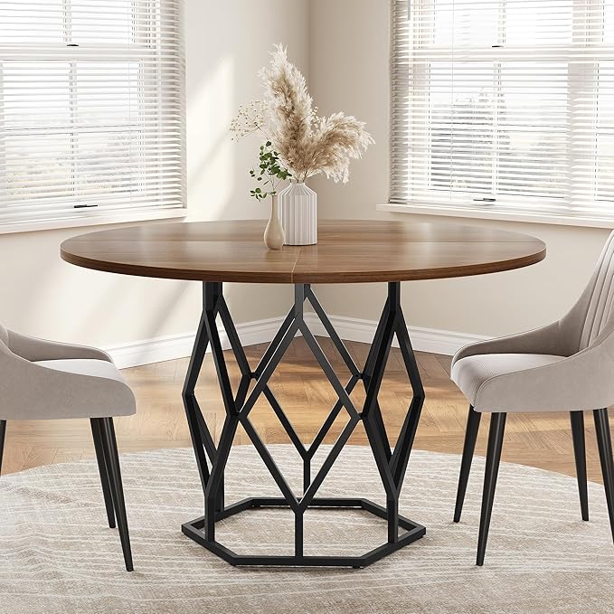 GarveeHome 47-inch Round Dining Table for 4-6 People, Farmhouse Kitchen Table with Diamond Metal Base, Industrial Wood Circle Dinner Table for Dining Room, Kitchen, Living Room, Brown