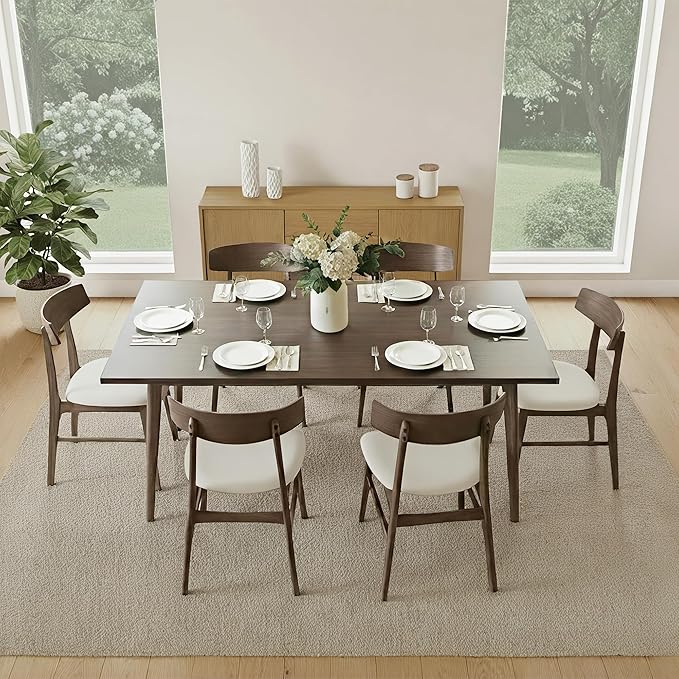 KISLOT Wooden Dining Chairs Set of 6, Upholstered Modern Dining Room Chairs, Mid Century Oak Kitchen Chairs with Curved Wood Backrest for Kitchen, Restaurant, Farmhouse (Cream Fabric & Walnut Color)