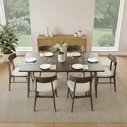 KISLOT Wooden Dining Chairs Set of 6, Upholstered Modern Dining Room Chairs, Mid Century Oak Kitchen Chairs with Curved Wood Backrest for Kitchen, Restaurant, Farmhouse (Cream Fabric & Walnut Color)