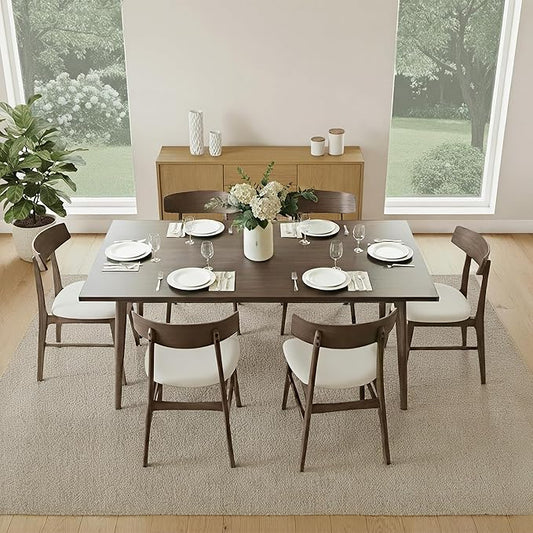 KISLOT Wooden Dining Chairs Set of 6, Upholstered Modern Dining Room Chairs, Mid Century Oak Kitchen Chairs with Curved Wood Backrest for Kitchen, Restaurant, Farmhouse (Cream Fabric & Walnut Color)