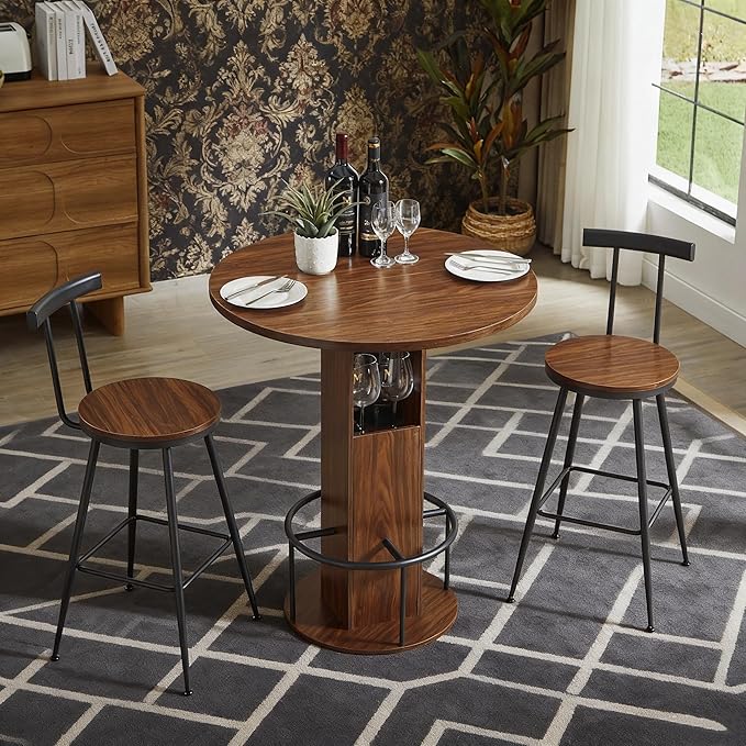 SOFTSEA 3 Pieces Round Bar Table and Chairs Set for 2, Metal Dining Table Set with Storage, Small Round Kitchen Table with 2 Chairs, Save Space, Walnut