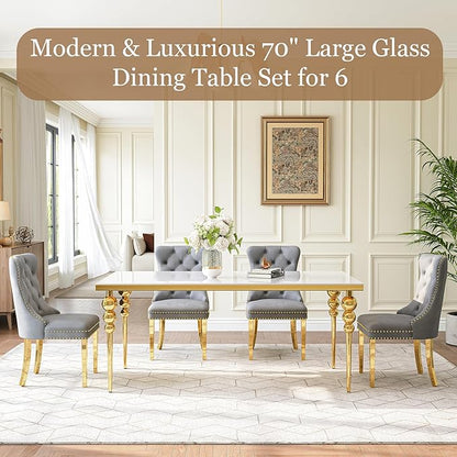 7 Piece Glass Dining Table Set, Modern 70 Inch Gold Rectangular Glass Kitchen Table, 6 Gray Exquisite Velvet Cushion Chairs for Living Room, Restaurant (White-Top)