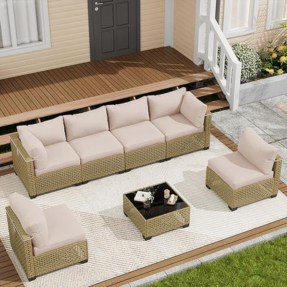 LOUVIXA 7 Piece Outdoor Patio Furniture Set, Outdoor Sectional Sofa, Wicker Rattan Patio Furniture, Patio Conversation Set with Coffee Table & Cushions