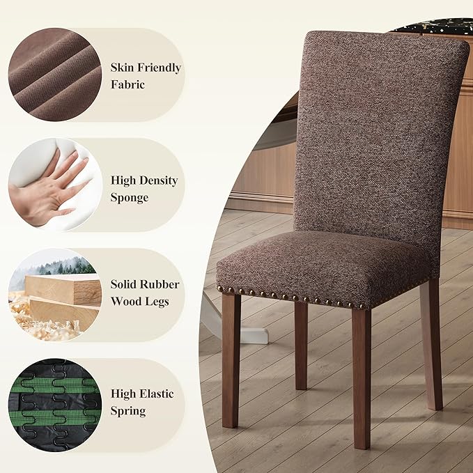 COLAMY Upholstered Dining Chairs Set of 6, Parsons Nailhead Dining Room Kitchen Chairs with Wood Legs - Brown