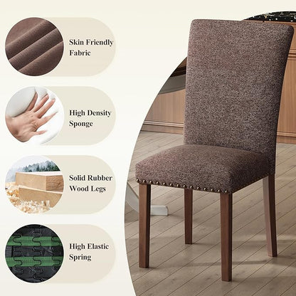 COLAMY Upholstered Dining Chairs Set of 6, Parsons Nailhead Dining Room Kitchen Chairs with Wood Legs - Brown