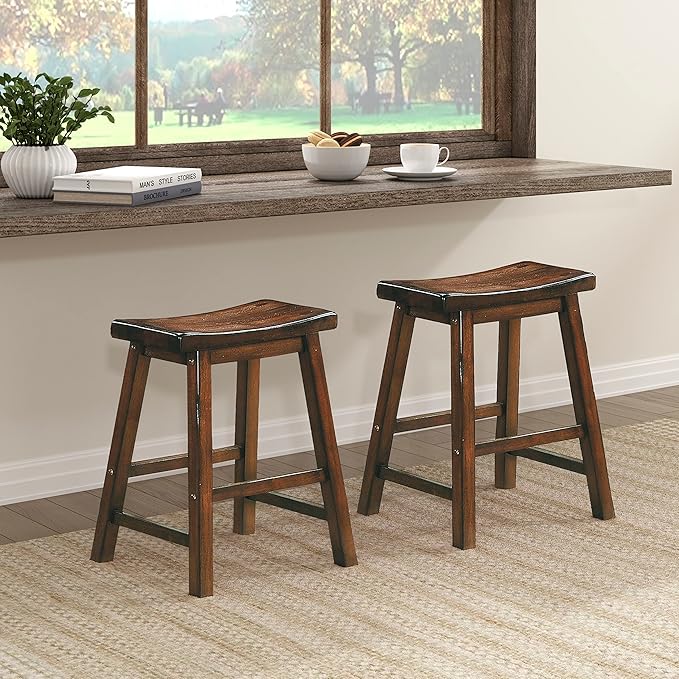 Lexicon Finnian Saddle Solid Wood Stool Set of 2 - Saddle Kitchen Stool Dining Height Stools for Dining, Armless Counter Chair Seating, Perfect Casual - 17.5" SH Distressed Cherry