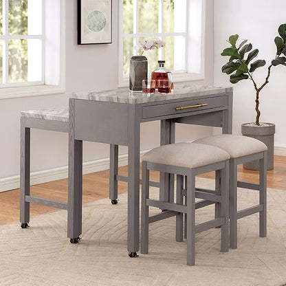 Grey 39" Rectangle Counter Dining Table White Farmhouse Wood Natural Finish Casters Drawers