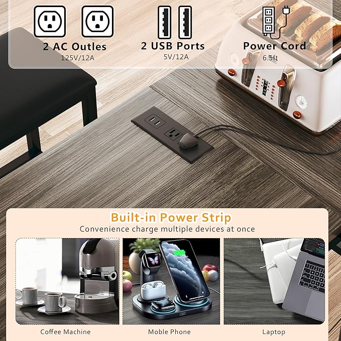 HUAHUU L Shaped Bar Table with 2 Stools, 63‘’ Bar Height Table with Power Outlets, Convertible Corner Counter Height Bar Table, Rectangular High Top Table for Small Spaces, Breakfast Nook, Grey Oak