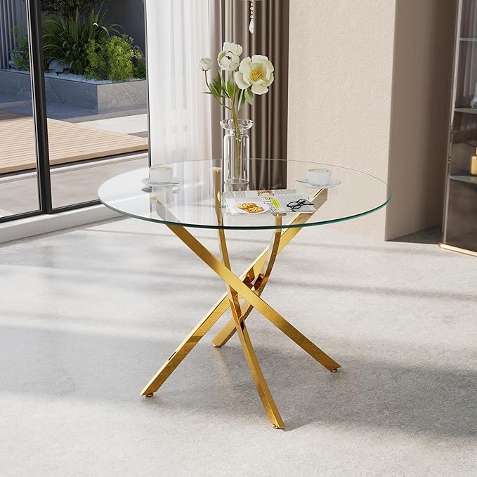 36-Inch Round Tempered Glass Dining Table for 2-4 Person Space-Saving Small Kitchen Table with Heavy-Duty Metal Legs Perfect for Dining Room, Apartment, Condo(Gold)