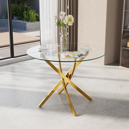 36-Inch Round Tempered Glass Dining Table for 2-4 Person Space-Saving Small Kitchen Table with Heavy-Duty Metal Legs Perfect for Dining Room, Apartment, Condo(Gold)