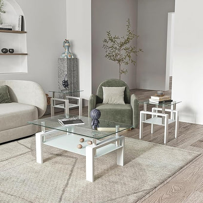 IANIYA 2PCS Modern Glass End Table, 2-Tier Side Table with Tempered Glass Top & Metal Legs, Night Stand Corner Table for Living Room, Bedroom, White
