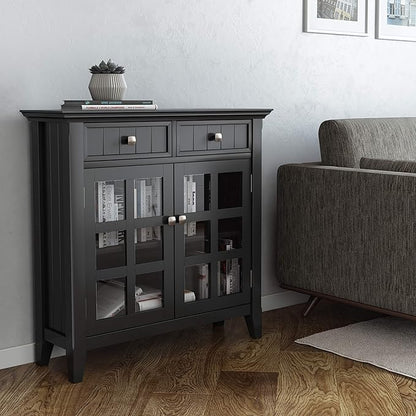 SIMPLIHOME Acadian Storage Cabinet - 36 inch Wide Solid Wood Entryway Storage Cabinet in Black, Transitional Cabinet for Hallway or Living Room with 2 Drawers and Adjustable Shelves