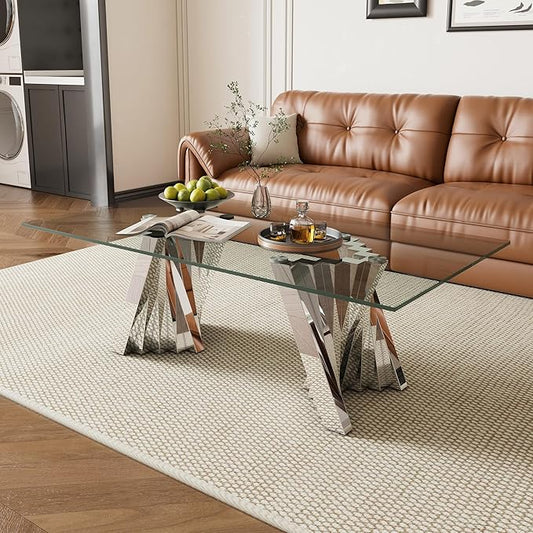 Glass Coffee Table, 51" Center Table with Tempered Glass Tabletop and Mirror Finish Stainless Steel Legs, Modern Rectangular Tea Table for Living Room, Office, Apartment